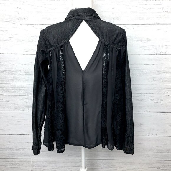 Free People Women's Black Denim & Lace Crop Top Long Sleeves Boho Open Back XS - Picture 9 of 10
